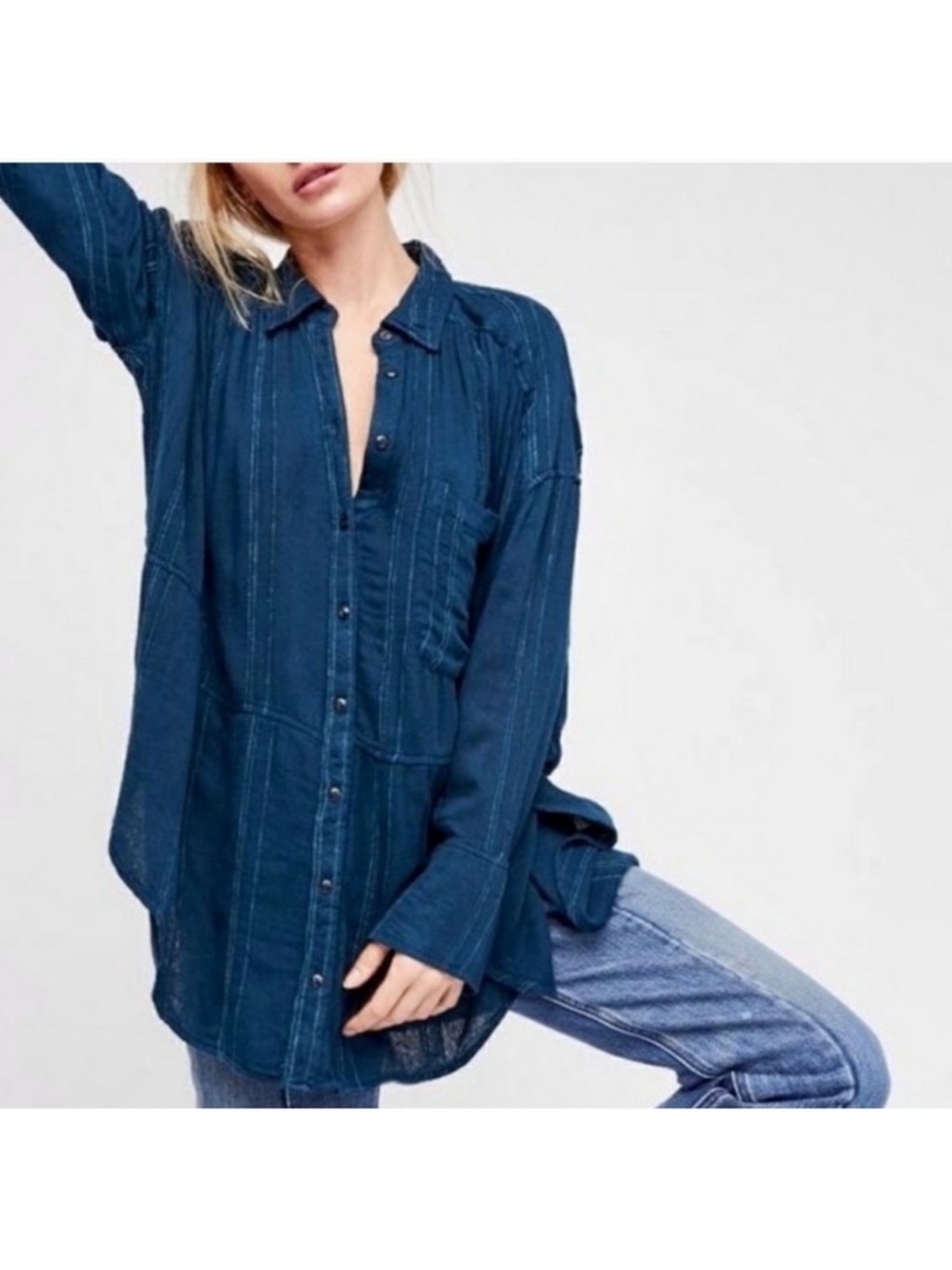 Free People Top Women's Cozy Nights Button Down Blouse Tunic Gauze Oversized XS
